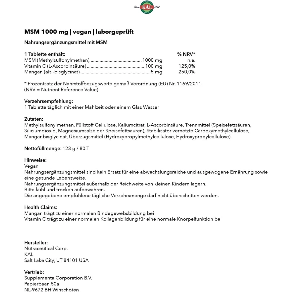 MSM Saúde Das Articulações, 1000mg, 80 Comprimidos - KAL