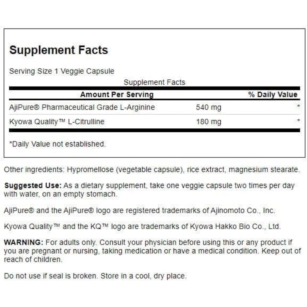 AjiPure L-Arginina 540mg com L-Citrulina, 60 Cápsulas, Swanson