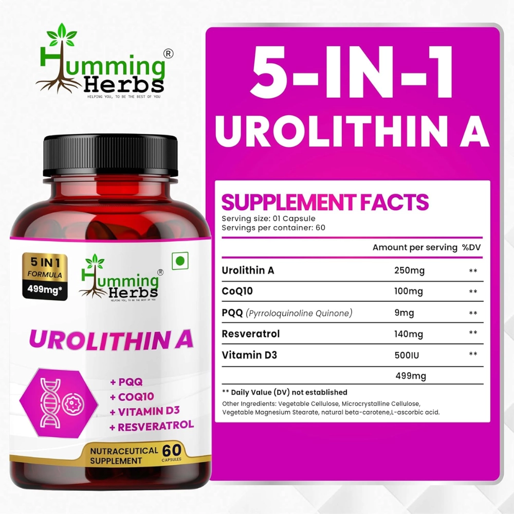 Urolithin A, 250mg, 5 em 1, 60 Cápsulas, Humming Herbs