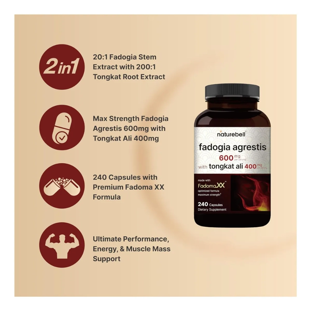 Fadogia Agrestis 600mg Com Tongkat Ali 400mg, 240 Cápsulas, Naturebell