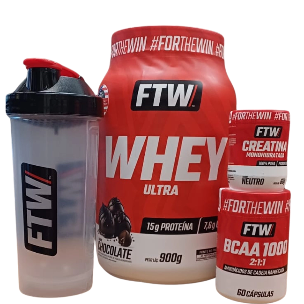 Kit Whey Ultra, Sabores + BCAA 60 Cápsulas + Creatina 60g + Coqueteleira, FTW