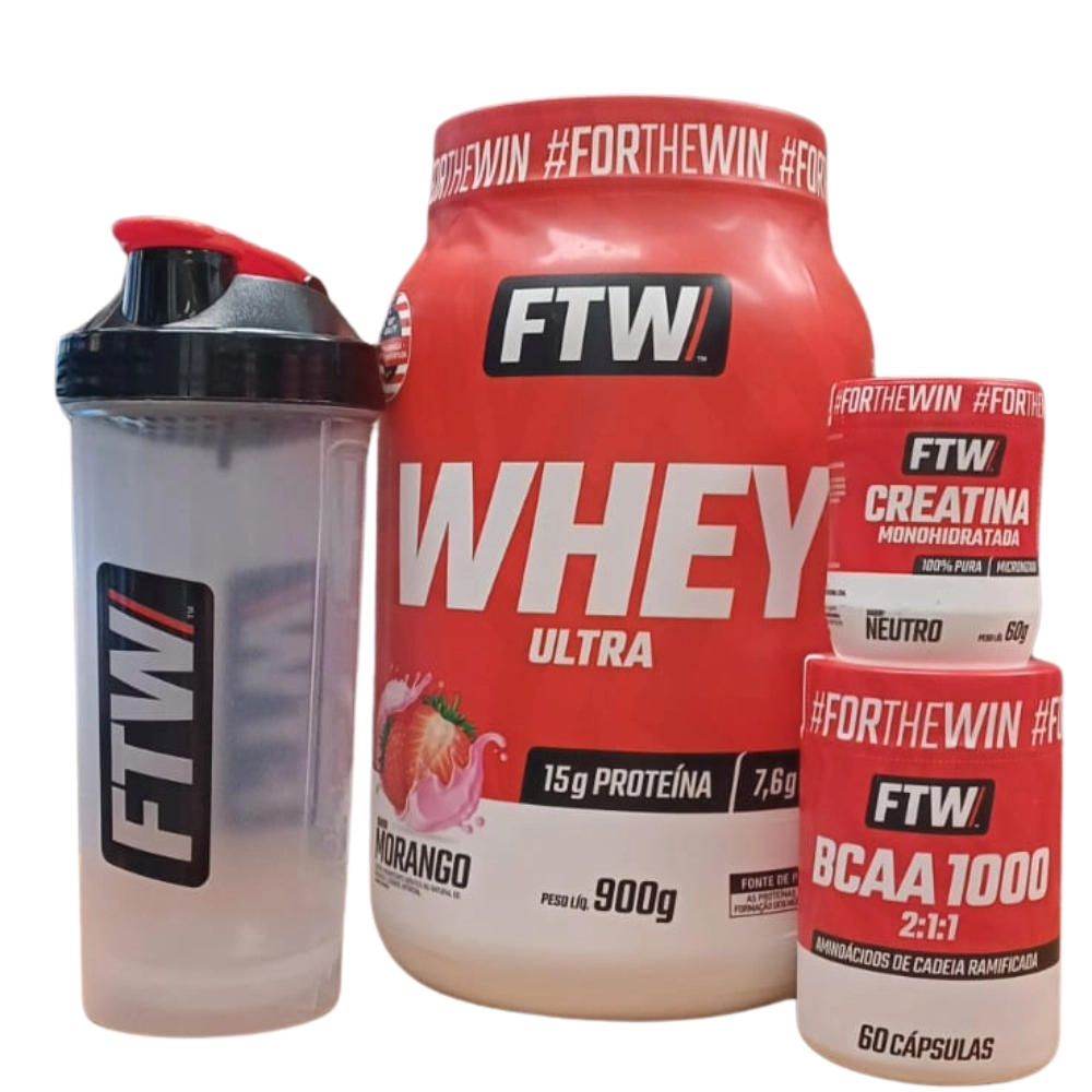 Kit Whey Ultra, Sabores + BCAA 60 Cápsulas + Creatina 60g + Coqueteleira, FTW