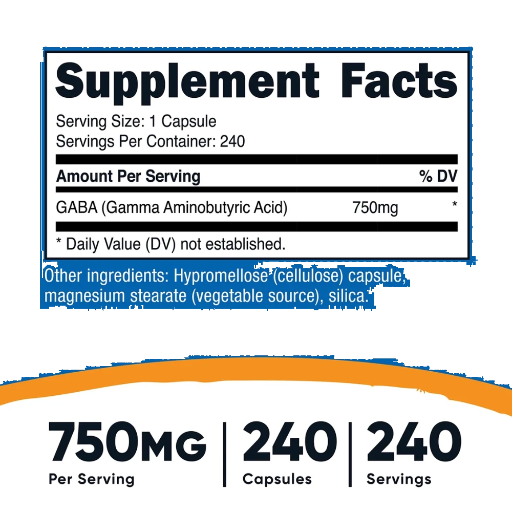 Gaba 750mg, 240 Cápsulas - Nutricost 