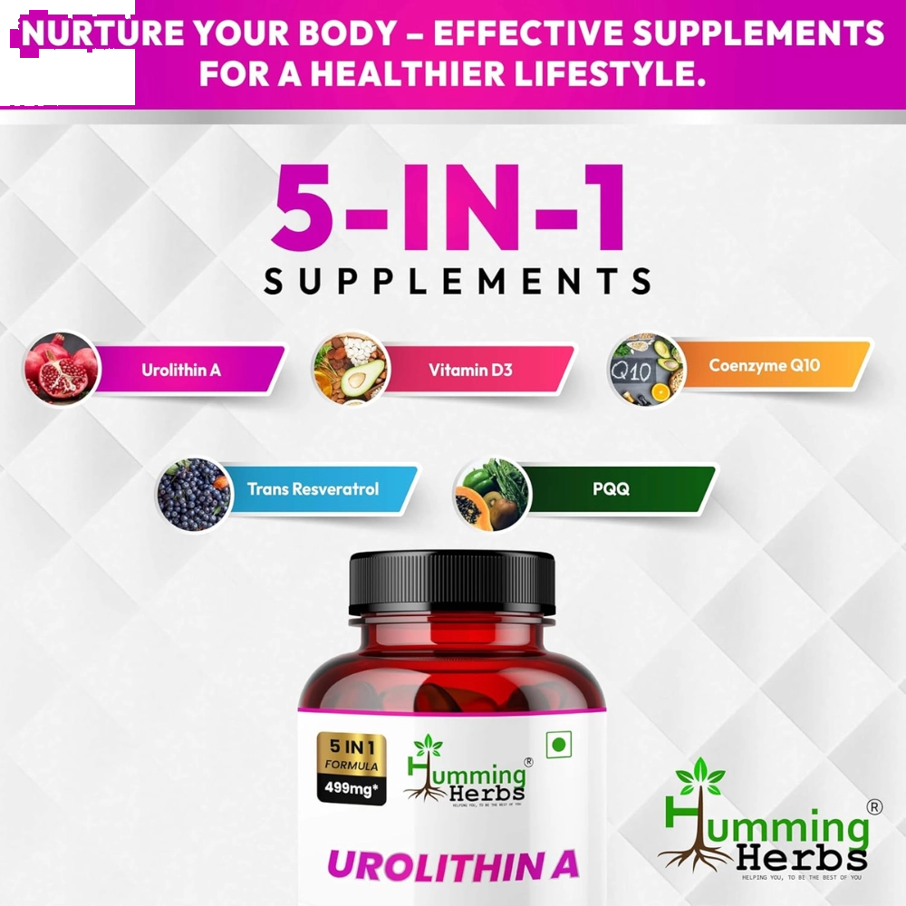 Urolithin A, 250mg, 5 em 1, 60 Cápsulas, Humming Herbs