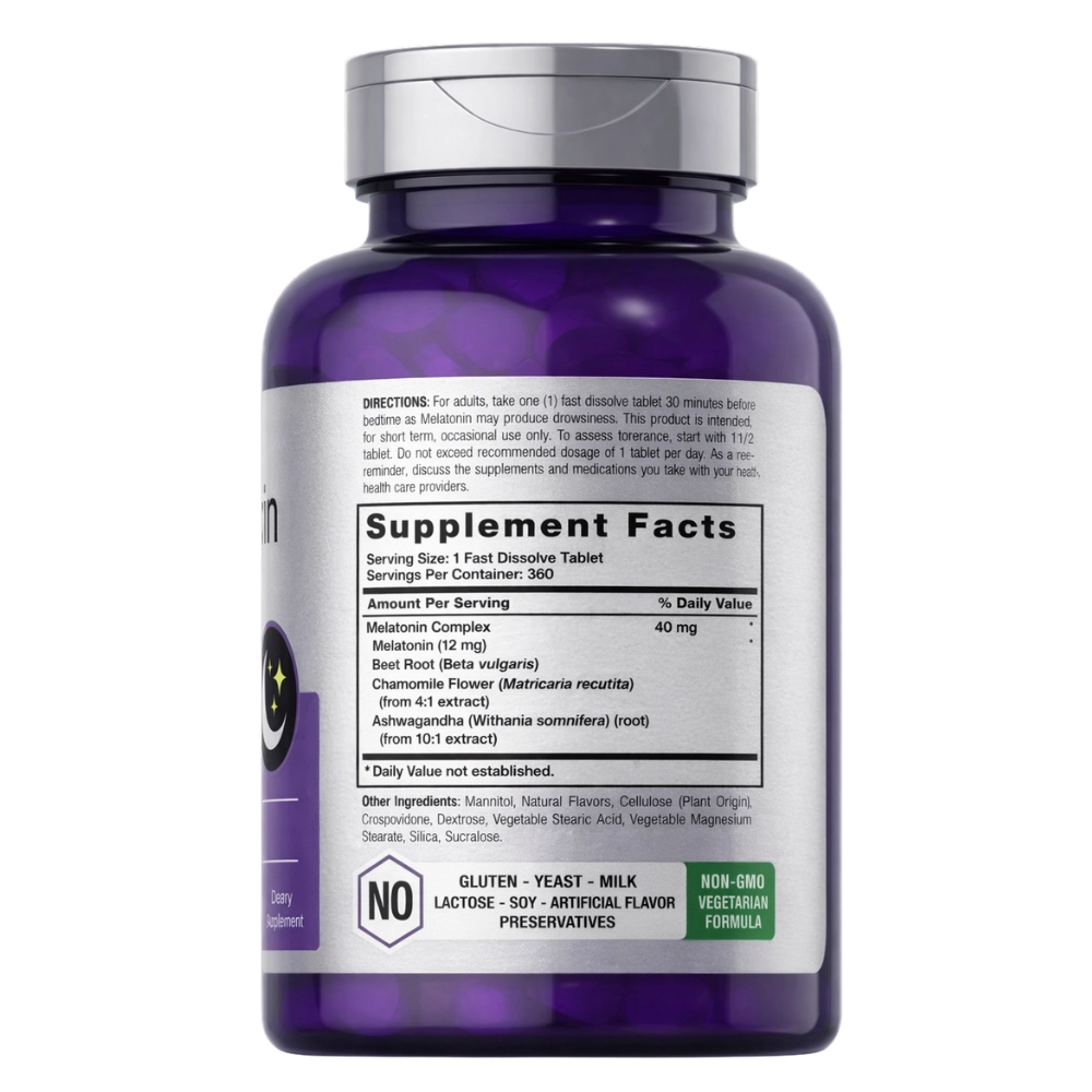 Complexo de Melatonina 40mg, com Camomila e Ashwagandha, 360 Comprimidos de Dissolução Rápida, Horbaach