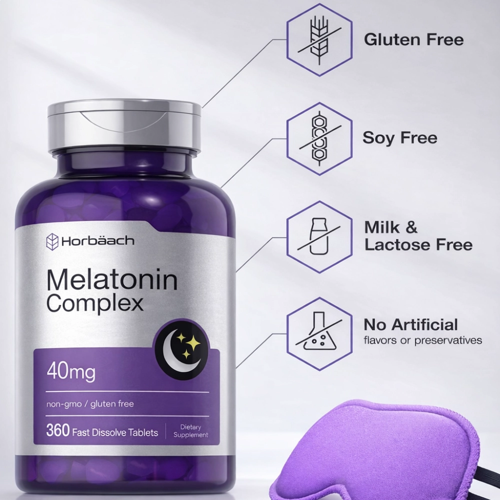 Complexo de Melatonina 40mg, com Camomila e Ashwagandha, 360 Comprimidos de Dissolução Rápida, Horbaach