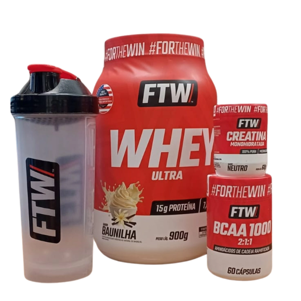 Kit Whey Ultra, Sabores + BCAA 60 Cápsulas + Creatina 60g + Coqueteleira, FTW