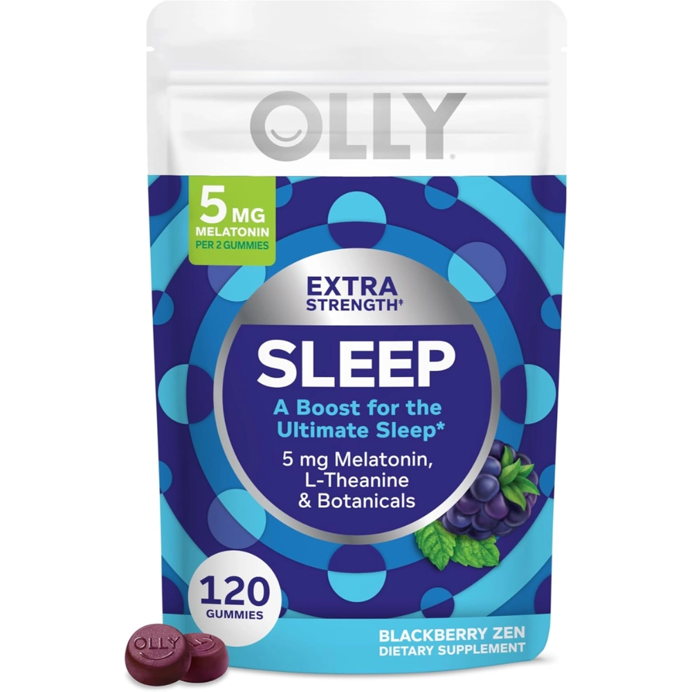 Extra Strength Sleep, Melatonina 5mg, com L-teanina, 60 Gomas Sabor Blackberry, OLLY