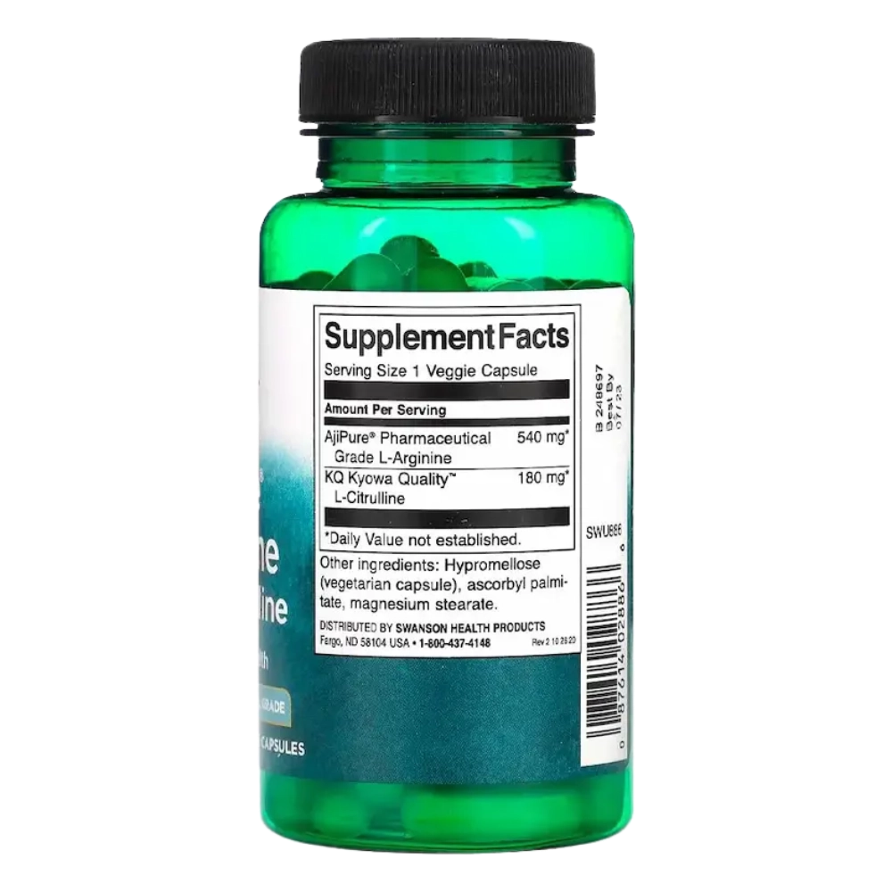 AjiPure L-Arginina 540mg com L-Citrulina, 60 Cápsulas, Swanson