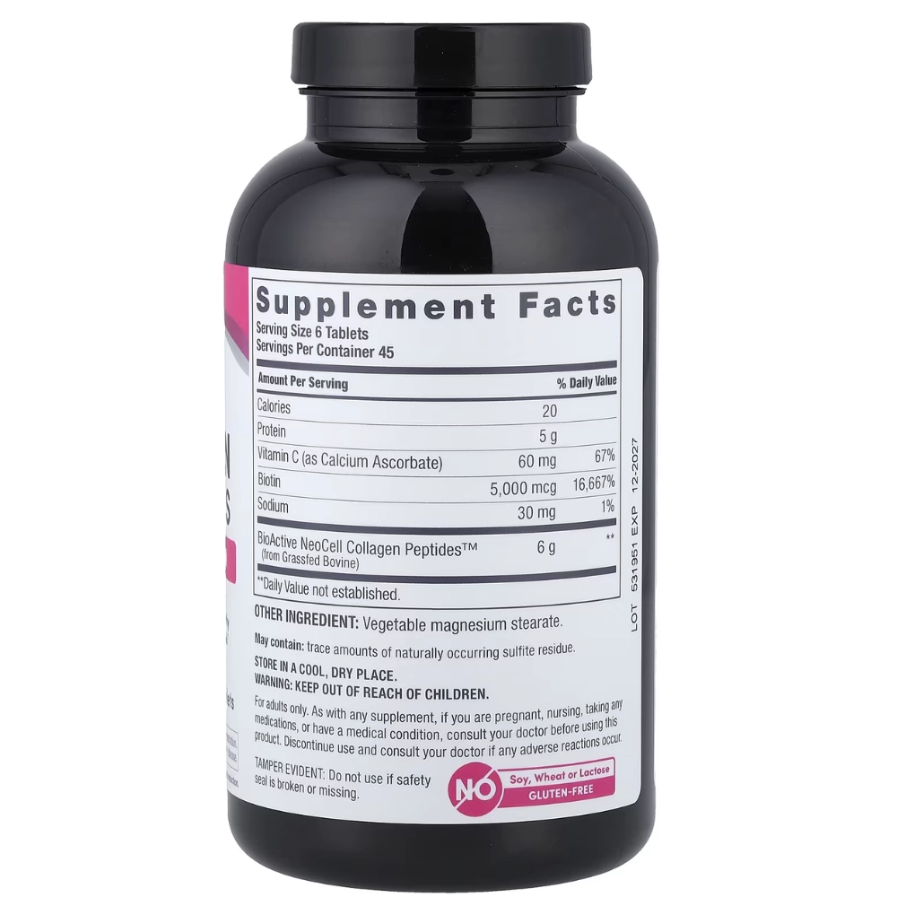 Grass-Fed Collagen Peptides, com Vitamina C e Biotina, 6000mg, Comprimidos, Neocell