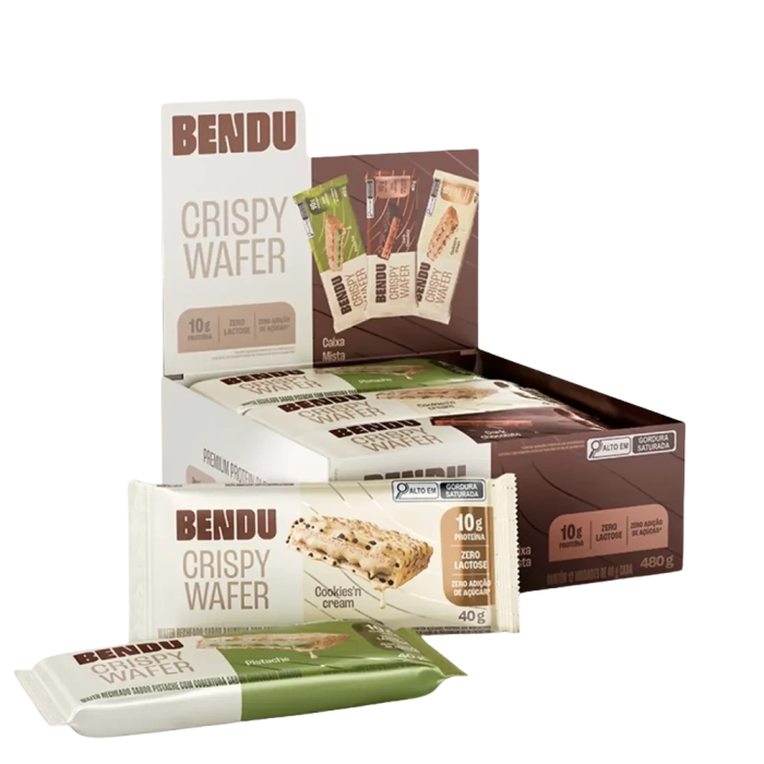 Crispy Wafer, 10g de Proteína,  Sem Açúcar, Kit com 3 Unidades, Sabores, Bendu