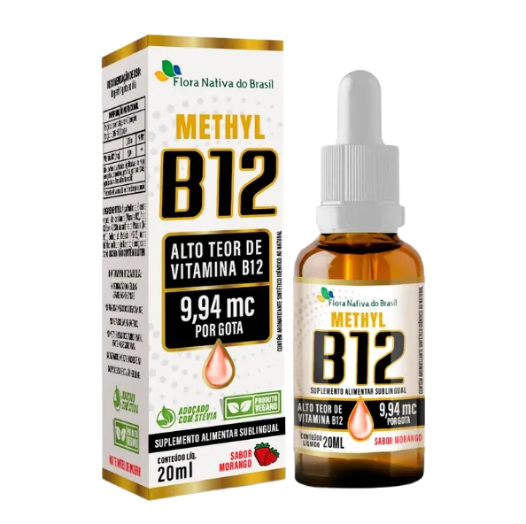 Vitamina B12 Líquida Sublingual, Metilcobalamina, 20ml (9,94mcg / gota), Sabor Morango, Flora Nativa