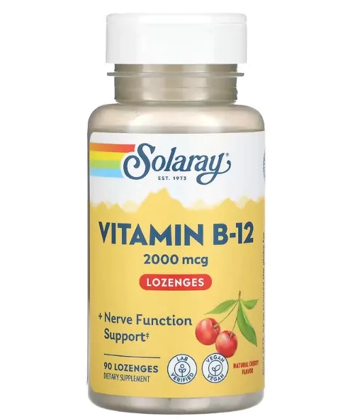 Vitamina B-12 2000mcg, 90 Pastilhas Sabor Cereja Natural, Solaray