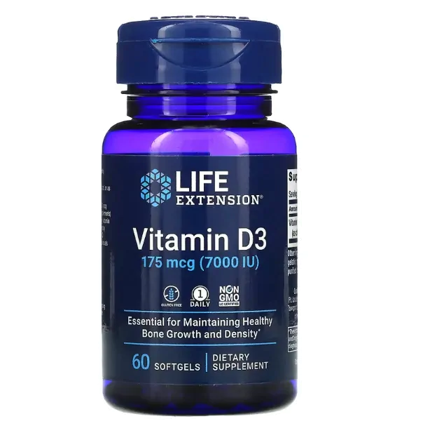 Vitamina D3, 175 mcg (7.000 UI), 60 Cápsulas, Life Extension