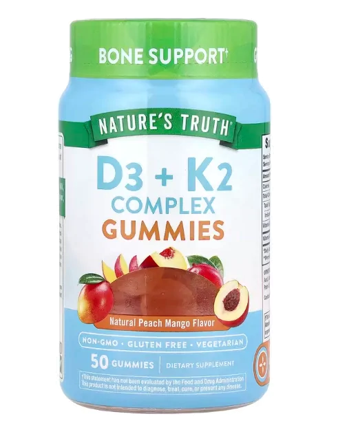 Vitamina D3 5000UI + K2 100mcg Complex, 50 Gummies Sabor Pêssego e Manga, Nature's Truth