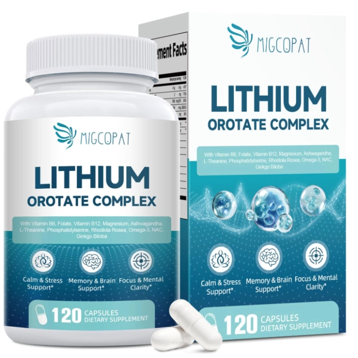 Lithium Orotate Complex 10mg, com Magnésio, Ashwagandha, NAC e Ômega-3, 120 Cápsulas, Migcopat