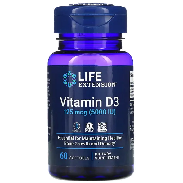 Vitamina D3, 5000IU, 60 Cápsulas, Life Extension