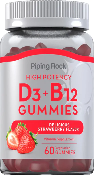 Vitamina D3 + B12, 60 Gomas Sabor Morango, PipingRock