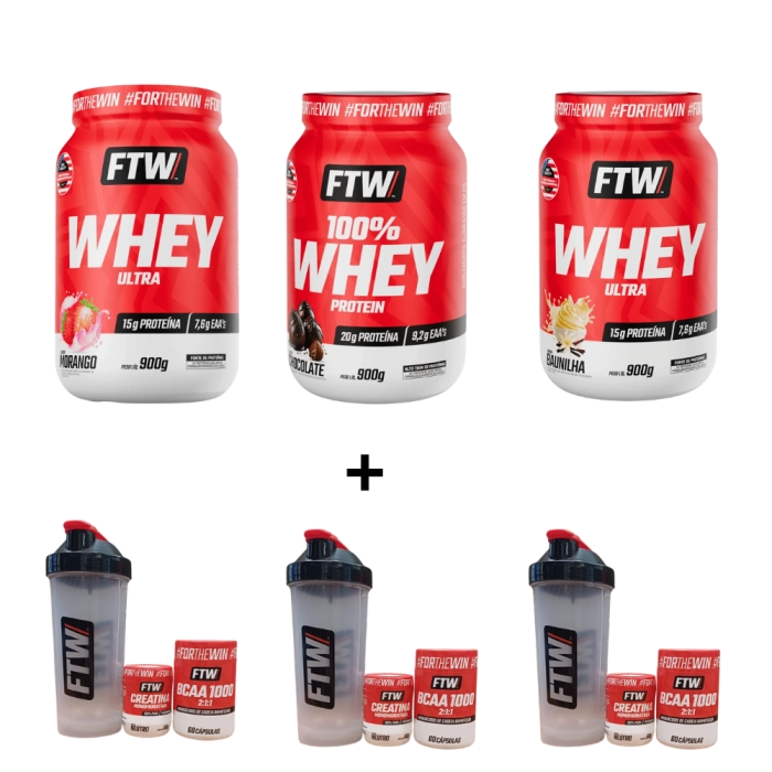 Kit Whey Ultra, Sabores + BCAA 60 Cápsulas + Creatina 60g + Coqueteleira, FTW