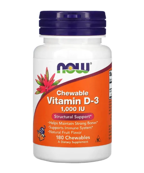 Vitamina D3 1.000UI, 180 Mastigáveis, Sabor Natural de Frutas, Now