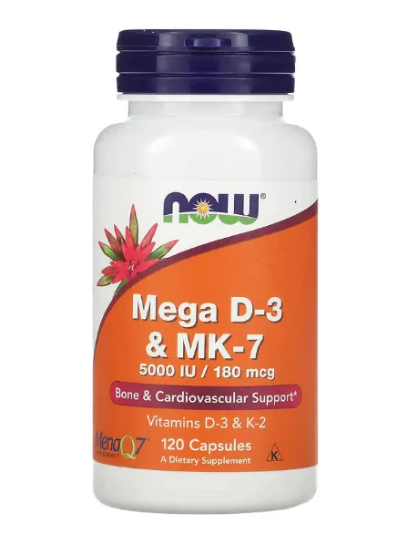 Mega D3 5.000 UI e MK-7 180 mcg, 120 Cápsulas, Now