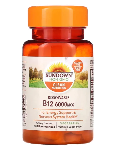 B-12 Solúvel, Sabor Cereja, 6000mcg, 60 Pastilhas, Sundown