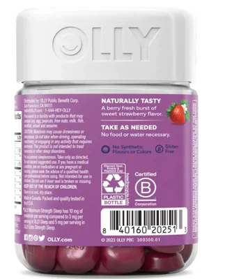 Max Strength Sleep, Melatonina 10mg,  L-teanina, Camomila e Erva-cidreira,  50 Gomas Sabor morango, Olly