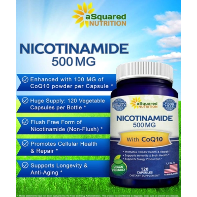 Nicotinamida 500mg com CoQ10, 120 Cápsulas, aSquared Nutrition