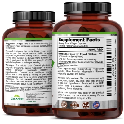 White kidney 1800mg , Extrato de Feijão Branco 10:1, 200 Cápsulas, Zazzee 