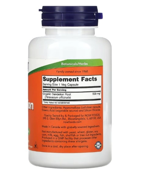 Dandelion Root, Raiz de Dente-de-Leão, 500 mg, 100 Cápsulas, Now
