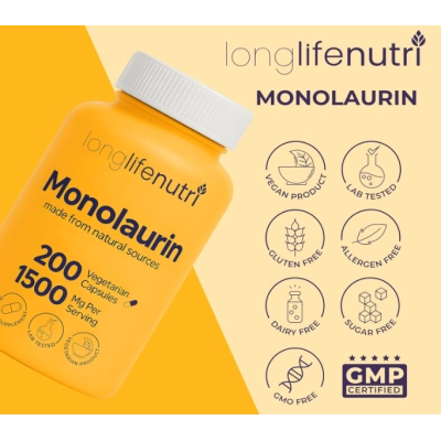 Monolaurin 1500mg,  Defesa Natural e Equilíbrio Intestinal, 200 Cápsulas, LongLifeNutri 