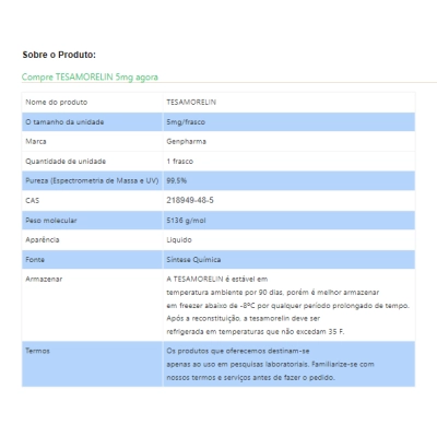 Tesamorelin 5mg, Peptídeo para aumentar Hormonio do Crescimento, Gen Pharma