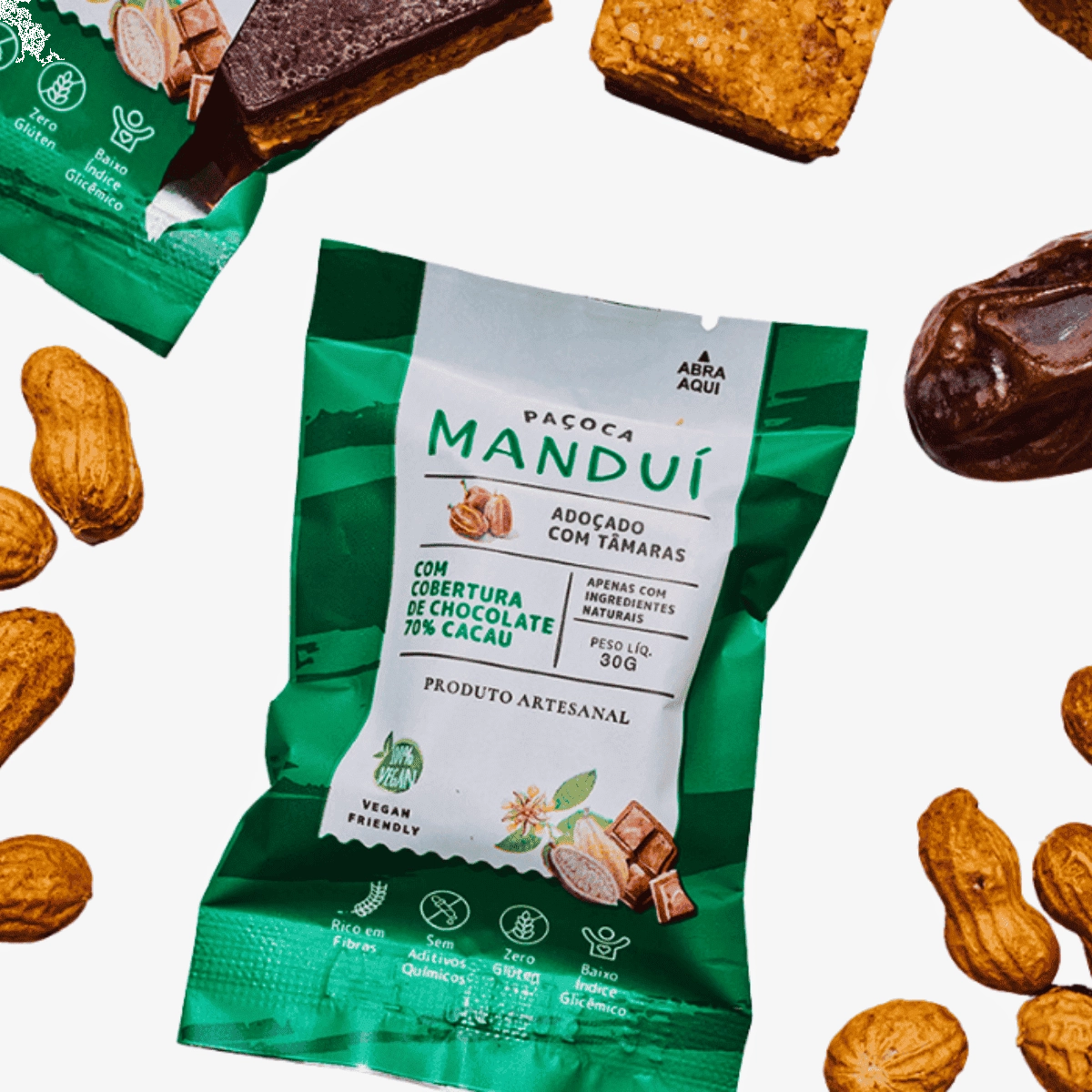 Paçoca com cobertura de Chocolate 70% Cacau 30g – MANDUÍ