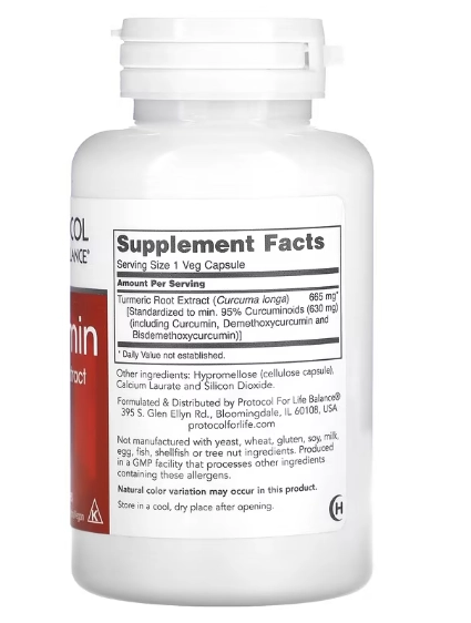 Extrato de raiz de Cúrcuma, 665mg, 60 cápsulas, Protocol for Life Balance