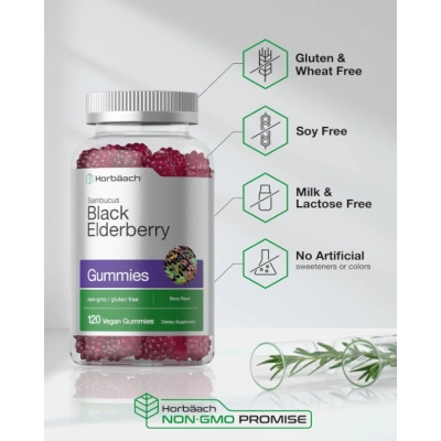 Black Elderberry, Sabugueiro Preto com Zinco e Vitamina C, 120 Gomas sabor Frutas Vermelhas, Horbaach