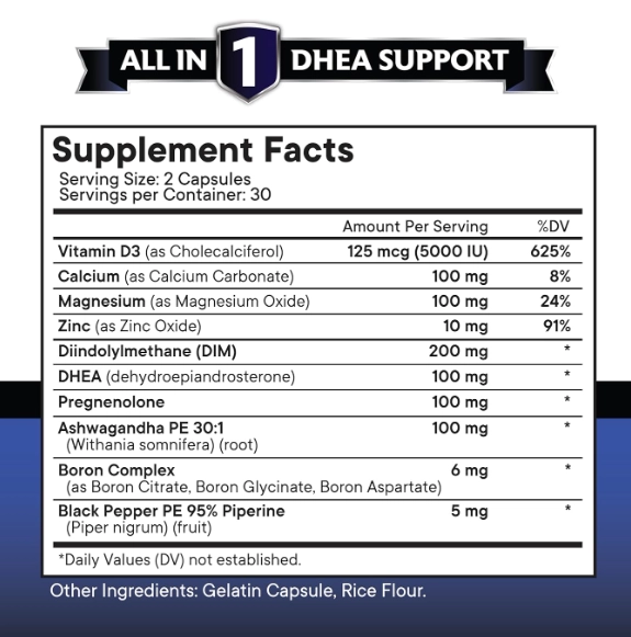 DHEA 100mg com Pregnenolona, DIM, Ashwagandha, Boro, Cálcio, Magnésio e Zinco, 60 Cápsulas, New Age