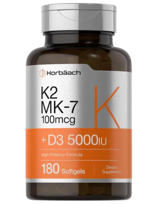 Vitamina D3 5000UI, K2 MK-7 100mcg, 180 Cápsulas, Horbaach