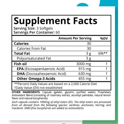 Omega-3 3000mg, Óleo de Peixe, 180 Softgels, Purity Labs