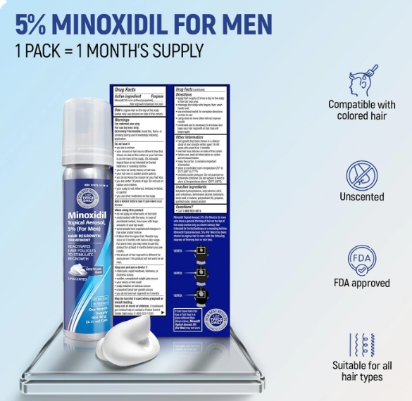 Minoxidil for Men 5%, Aerosol foam, Tratamento para Crescimento Capilar Masculino, 60g, TARO