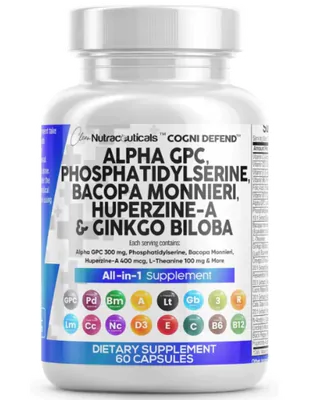 Alpha GPC, Colina 300mg, Com Fosfatidilserina, Bacopa, Ginkgo Biloba, Huperzine A, 60 Cápsulas, Clean Nutraceuticals