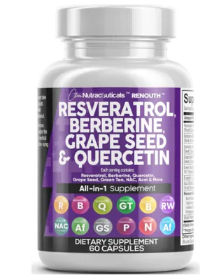 Suplemento de Polifenol, Resveratrol 6000mg, Berberina, Semente de Uva, Quercetina e Extrato de Chá Verde, 60 cápsulas, 