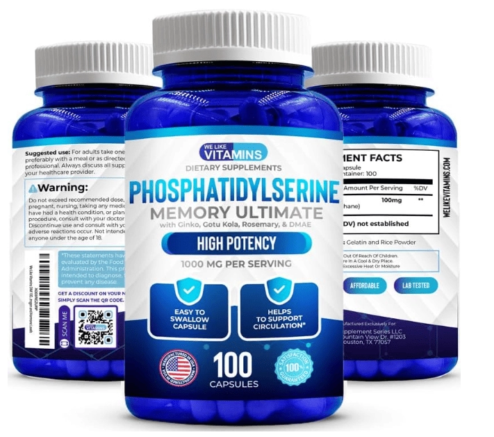 Fosfatidilserina 1000mg com Gingko Biloba, Gotu Kola e DMAE, 100 Cápsulas, We Like Vitamins