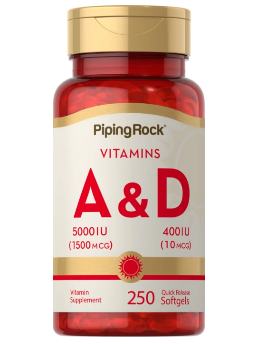 Vitamina A e D3, A-5000 UI D-400 UI, 250 cápsulas, PipingRock