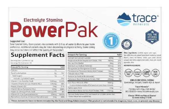 Electrolyte Stamina PowerPak, 30 Pacotes 5,1g Cada Sabor Framboesa, Trace Minerals