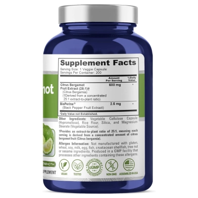 Bergamota Cítrica, 600mg, Saúde Cardiovascular e Metabolismo, 200 Cápsulas, Nusa Pure