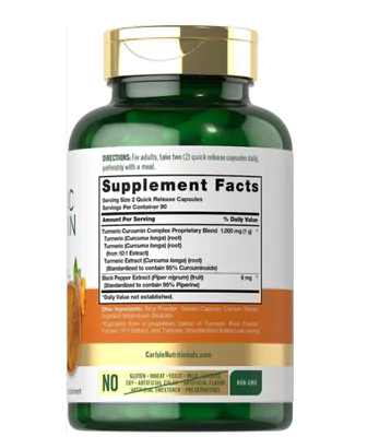 Turmeric, Cúrcuma Curcumina com Pimenta Preta, 1000mg, 180 Cápsulas, Carlyle