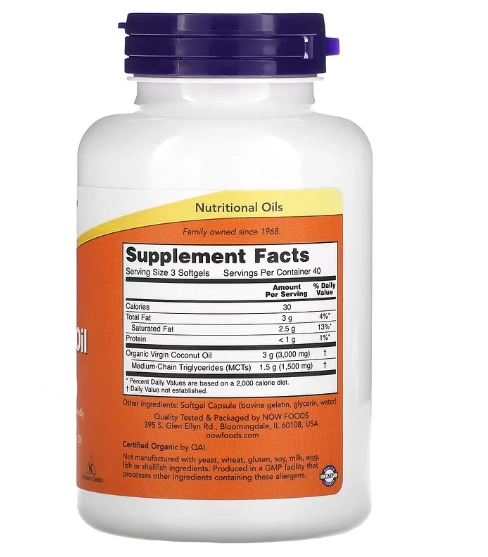 Óleo de coco virgem, Coconut Oil, 1000mg, 120 cápsulas, Now