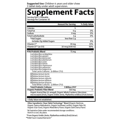 Dr. Formulated Probióticos Orgânicos Kids + Vitaminas C e D, 5 Bilhões, 30 Cápsulas, Garden of Life