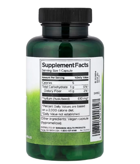 Psyllium Husks 610mg, 100 Cápsulas, Swanson