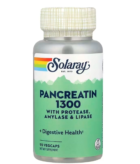 Pancreatina 1300mg, Suporte Avançado à Digestão 90 VegCaps, Solaray